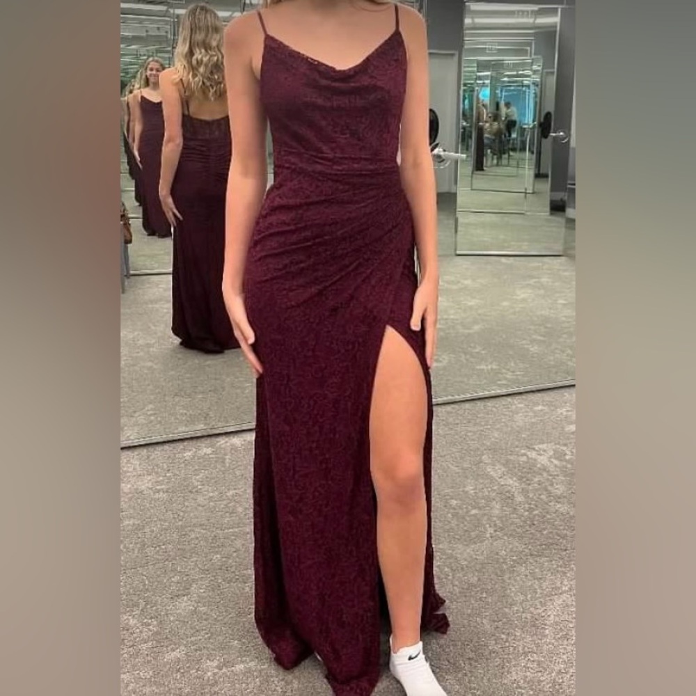 Galina signature brand from David’s Bridal maroon lace dress with a slit!